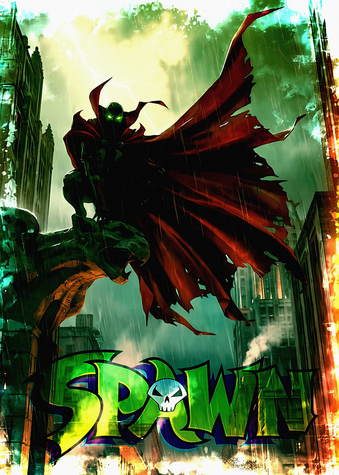 Spawn sitting on gargoyle in city