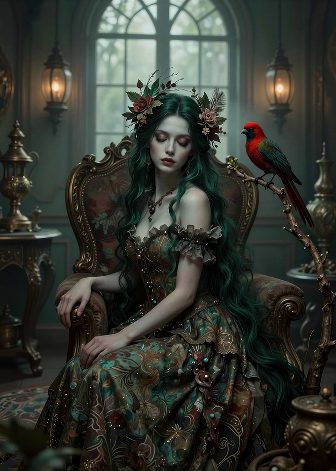 Enchantress with Green Hair and Bird