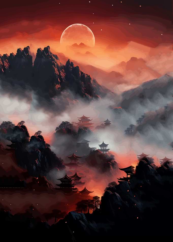 Mystical Asian Mountain Temples at Sunset