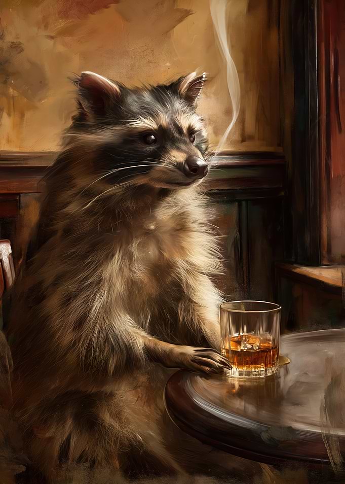 Raccoon Smoking and Drinking Whiskey