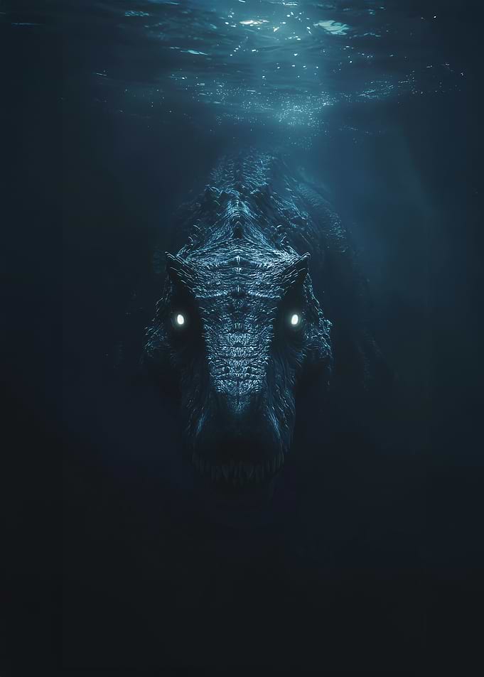Underwater Dinosaur with Glowing Eyes