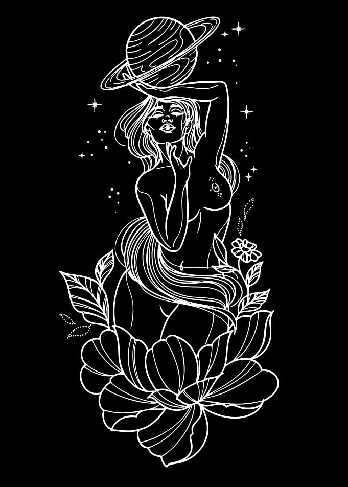 Cosmic Woman with Planet and Flowers