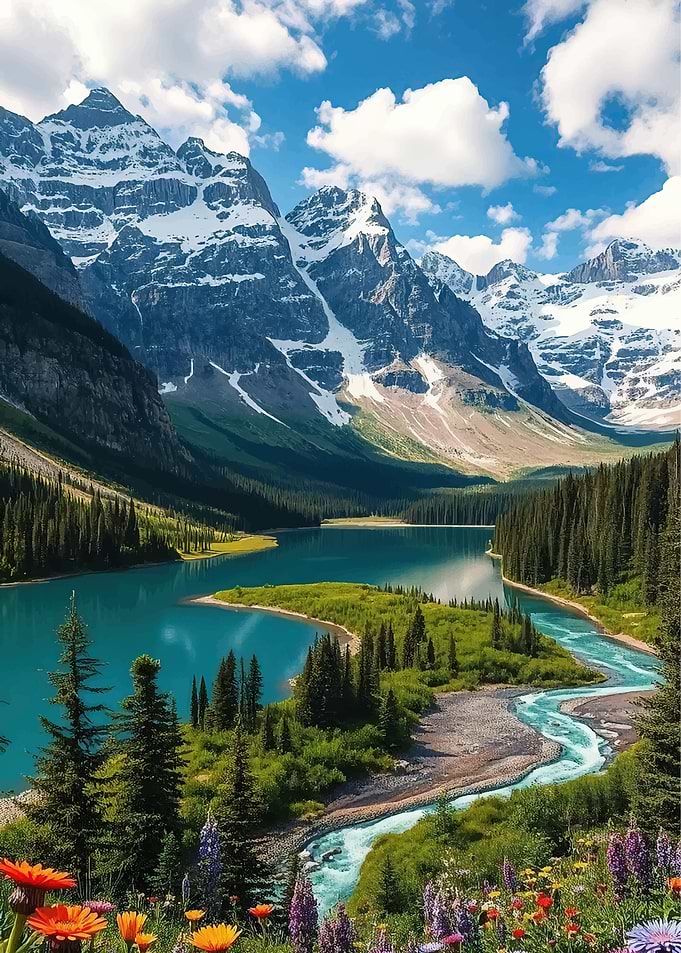 Turquoise Lake and Snow-Capped Mountains