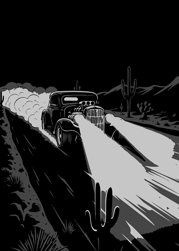 Hot Rod Speeds Through Desert Night Vector Art