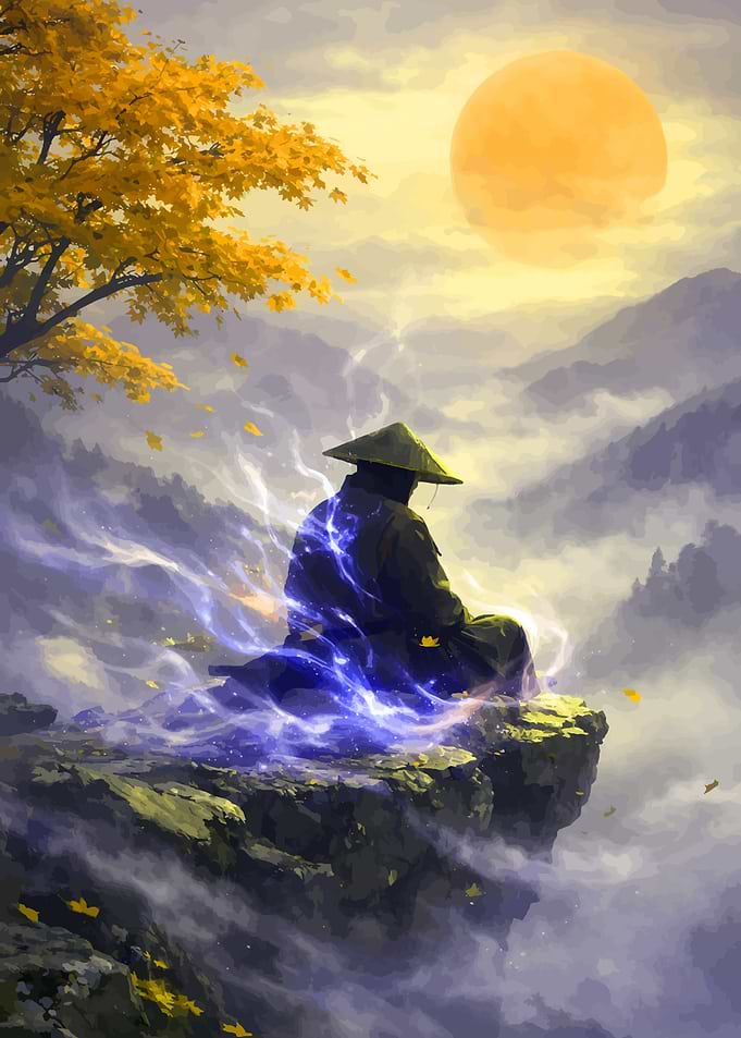 Meditating Monk on Cliff