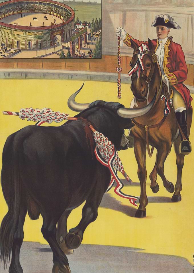 Bullfighter on Horseback Facing Bull
