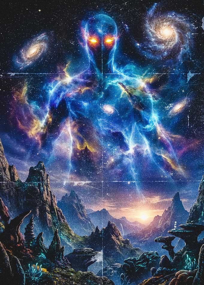 Cosmic Being Over Alien Landscape