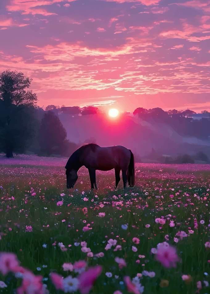 Horse in a field at sunset