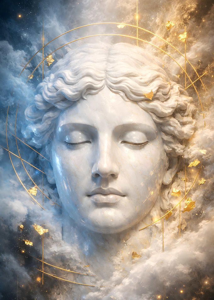 Ethereal marble face in cosmic mist