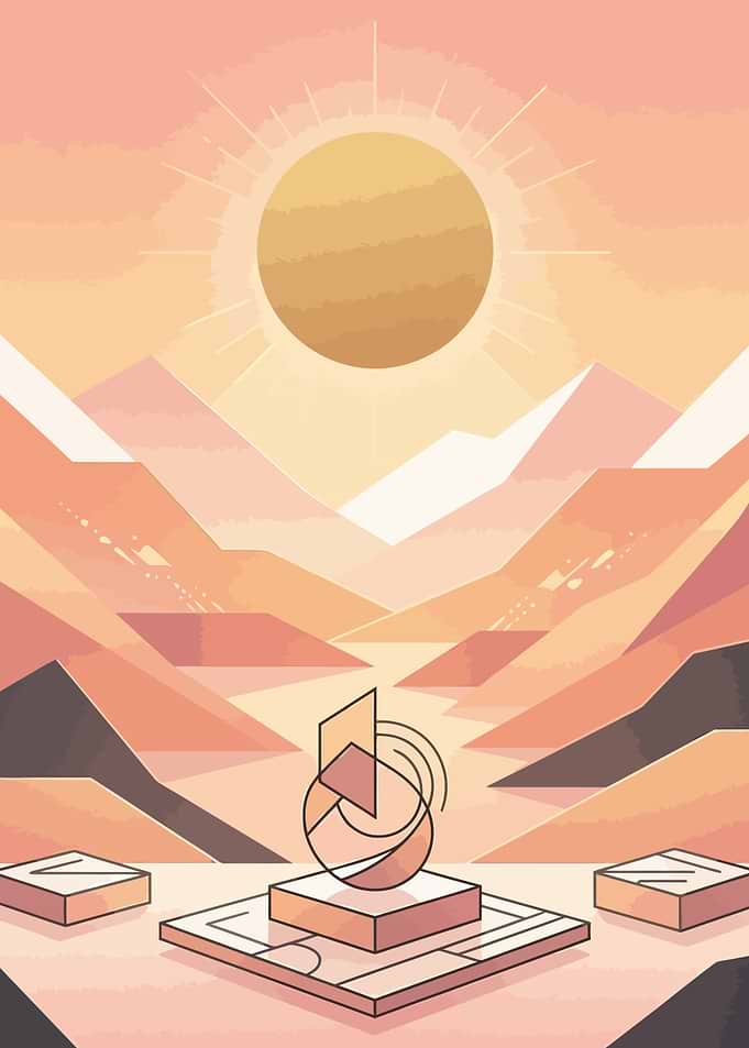 Abstract Desert Landscape with Sun and Sculpture
