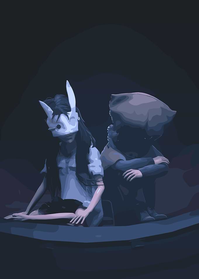 Two children in a dark, mysterious setting