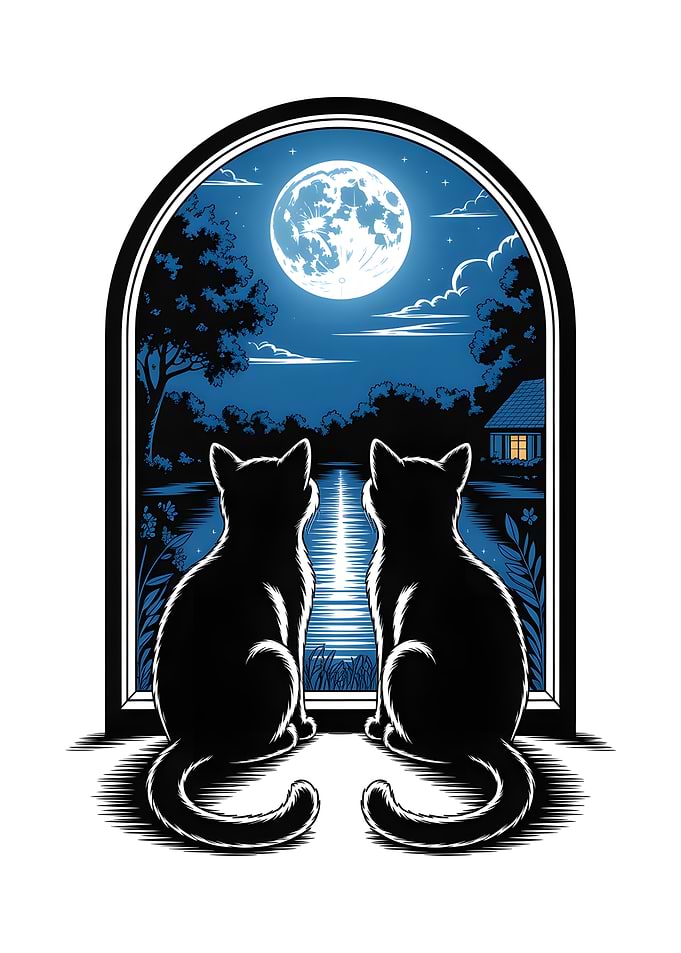 Two Black Cats at a Moonlit Window