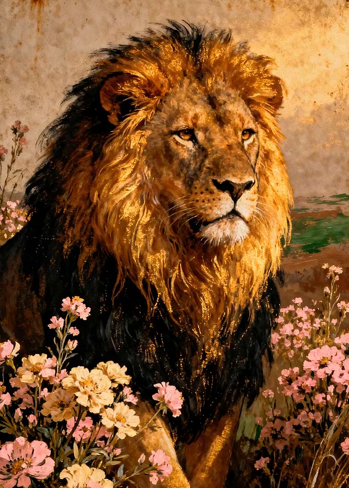 Majestic Lion in a Field of Flowers