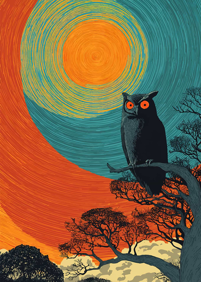 Owl on a branch with abstract background