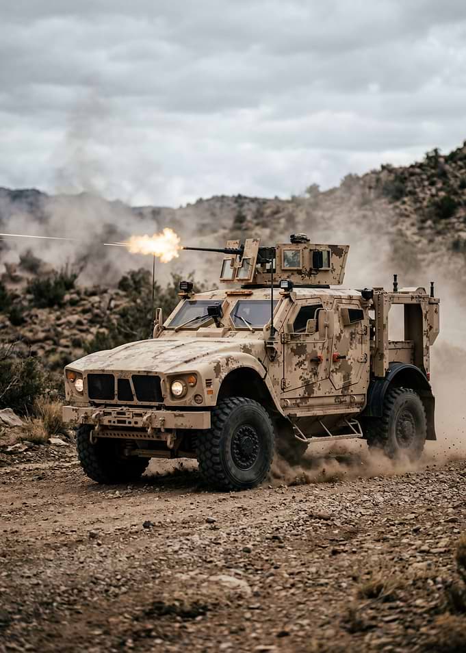 Military Vehicle Firing Machine Gun