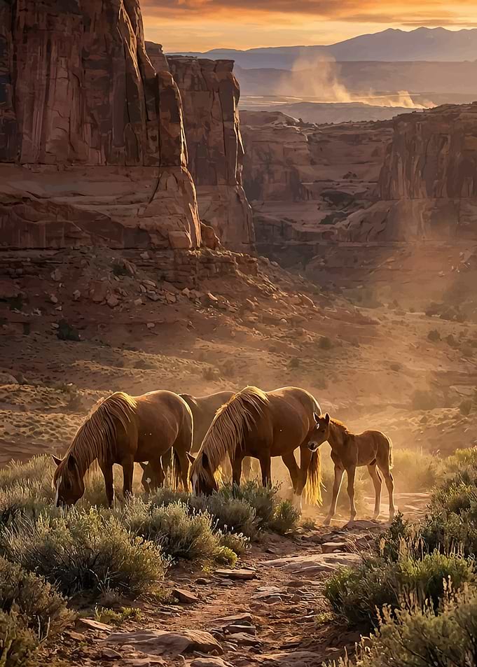 Wild Horses in a Desert Canyon at Sunset