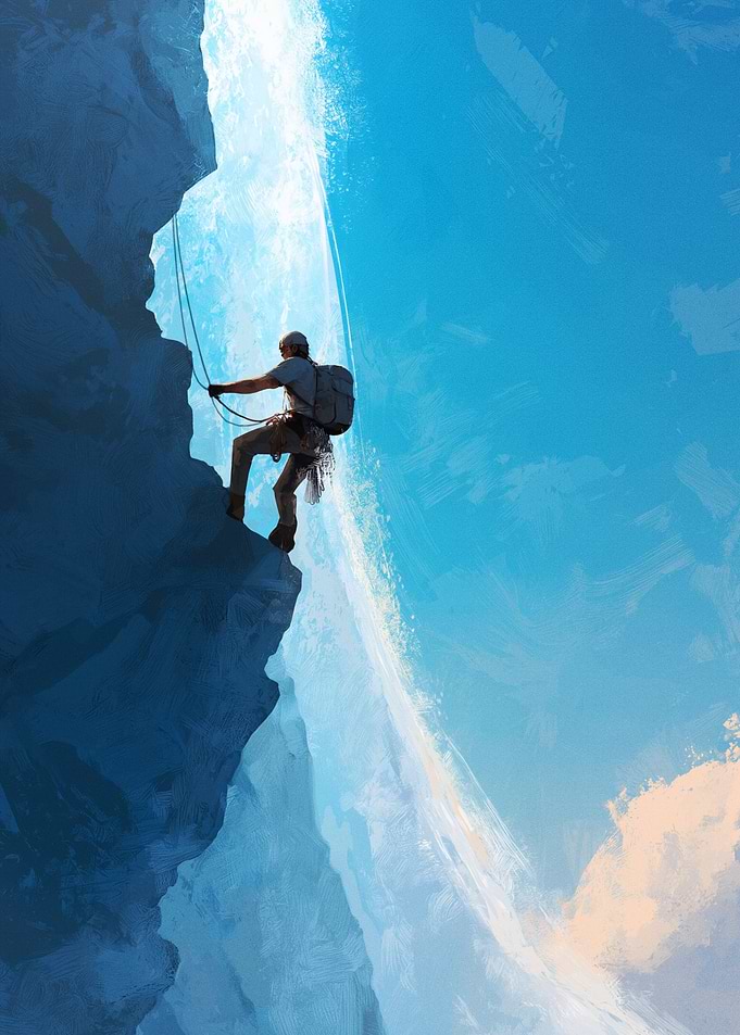Climber rappelling down a waterfall