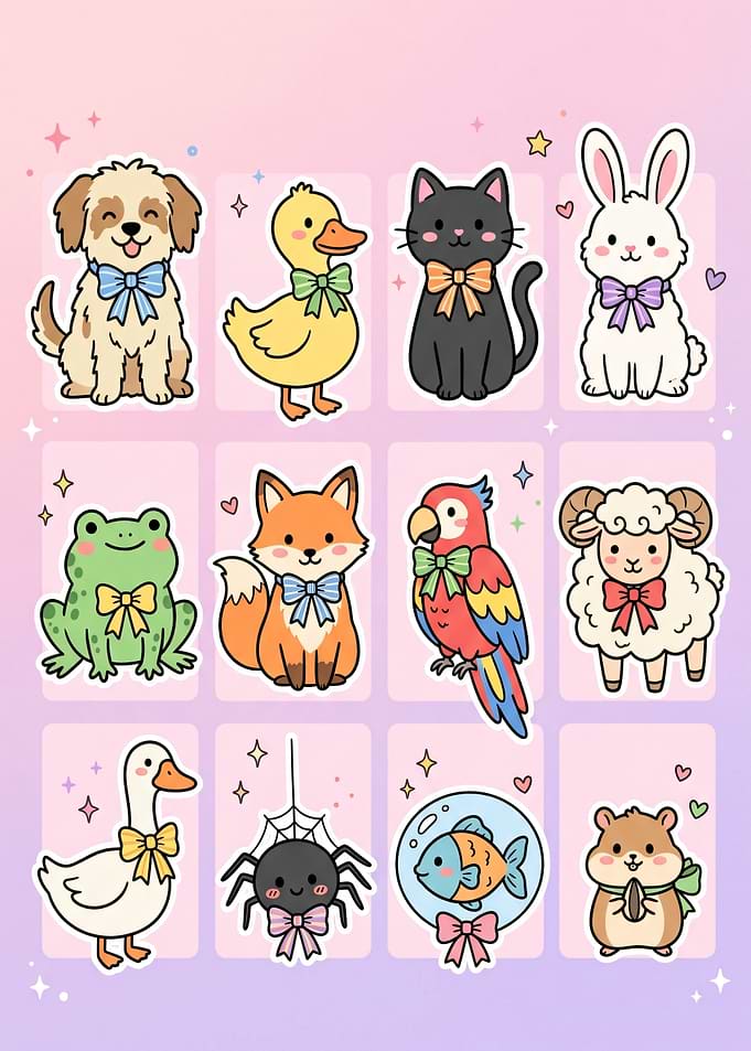 Cute Kawaii Animals Sticker Sheet