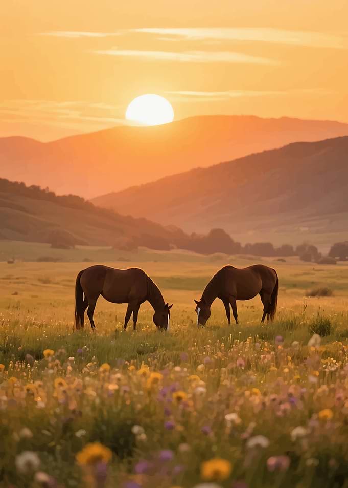 Horses grazing at sunset