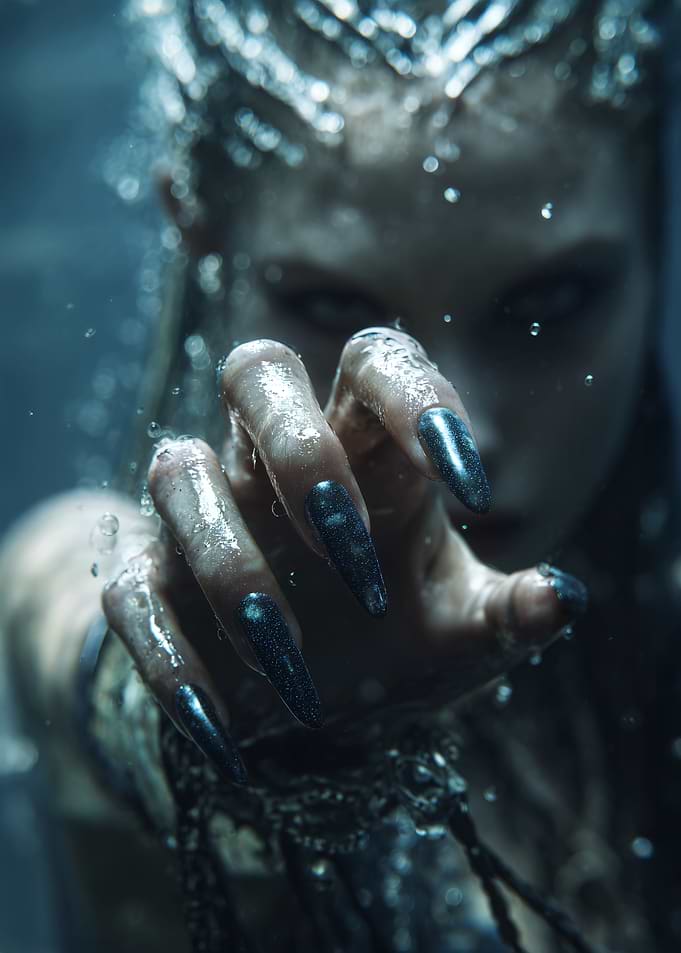 Mysterious Woman with Long Nails Underwater