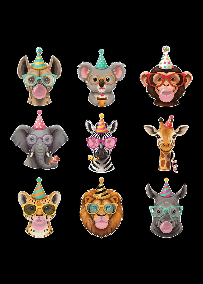 Cute Animals Wearing Party Hats and Glasses