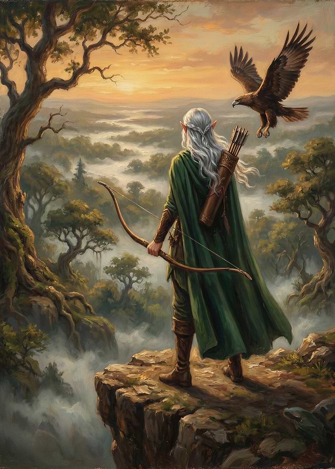 Elf Archer and Eagle in Misty Forest