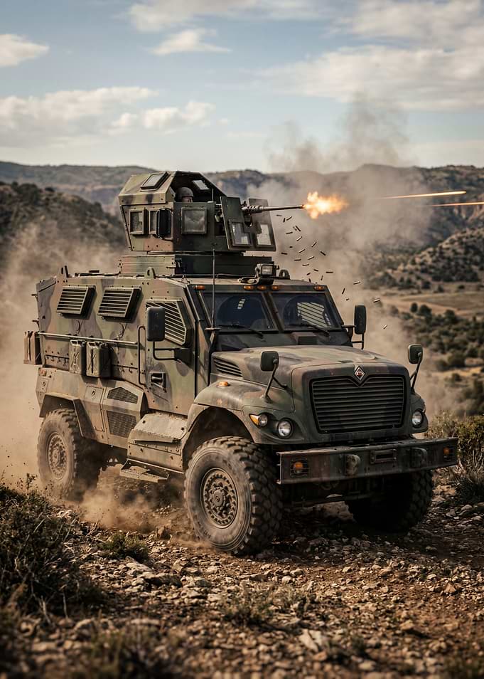 Armored Vehicle Firing Machine Gun
