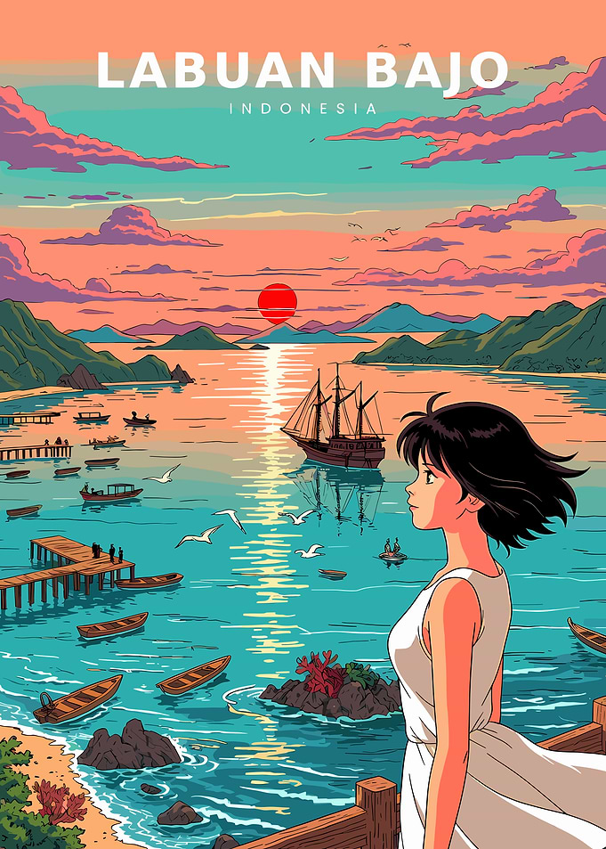 Anime girl watching sunset in Labuan Bajo