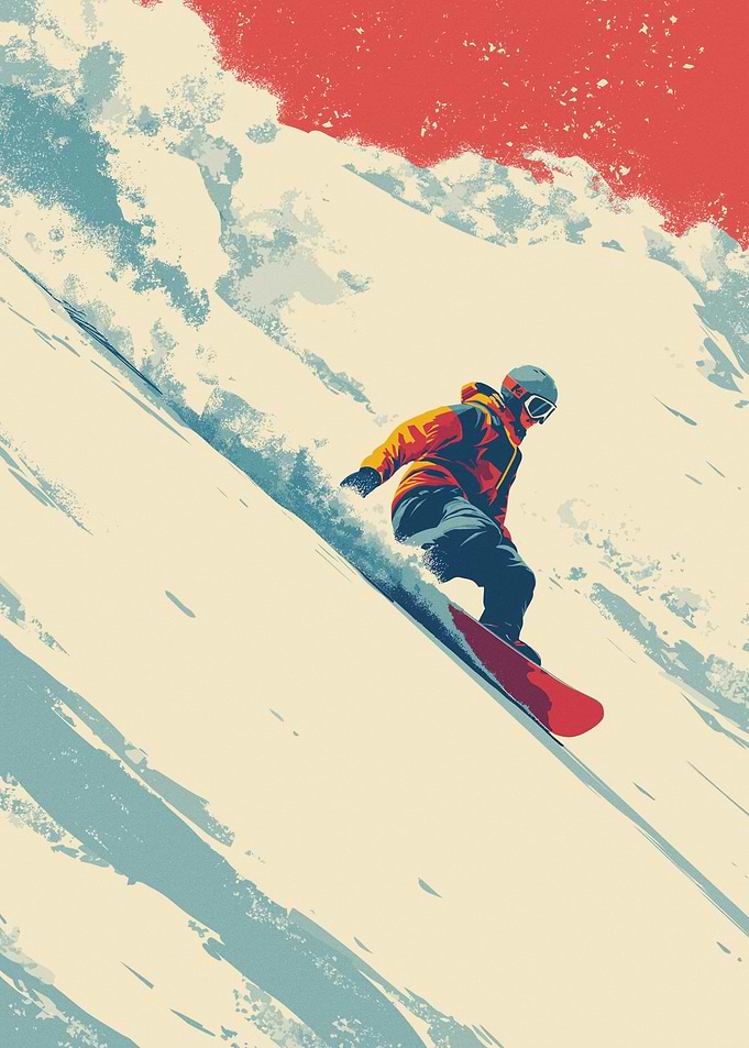 Snowboarder carving down a snowy slope