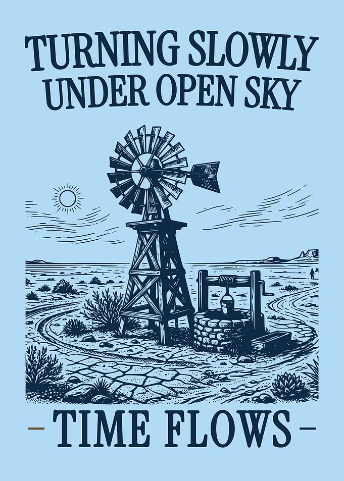 Windmill Desert Poster, Vintage Landscape Engraving Print, Rustic Western Scene Art