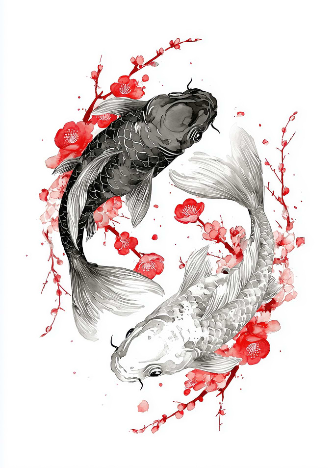 Yin Yang Koi Fish with Cherry Blossoms