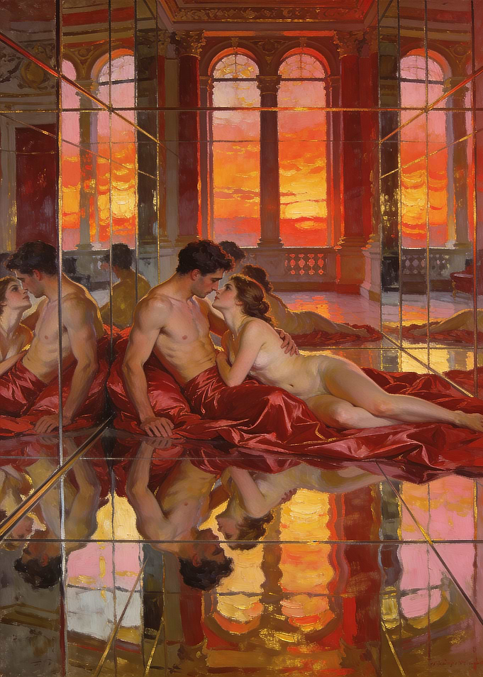 Couple Kissing in Mirrored Room at Sunset