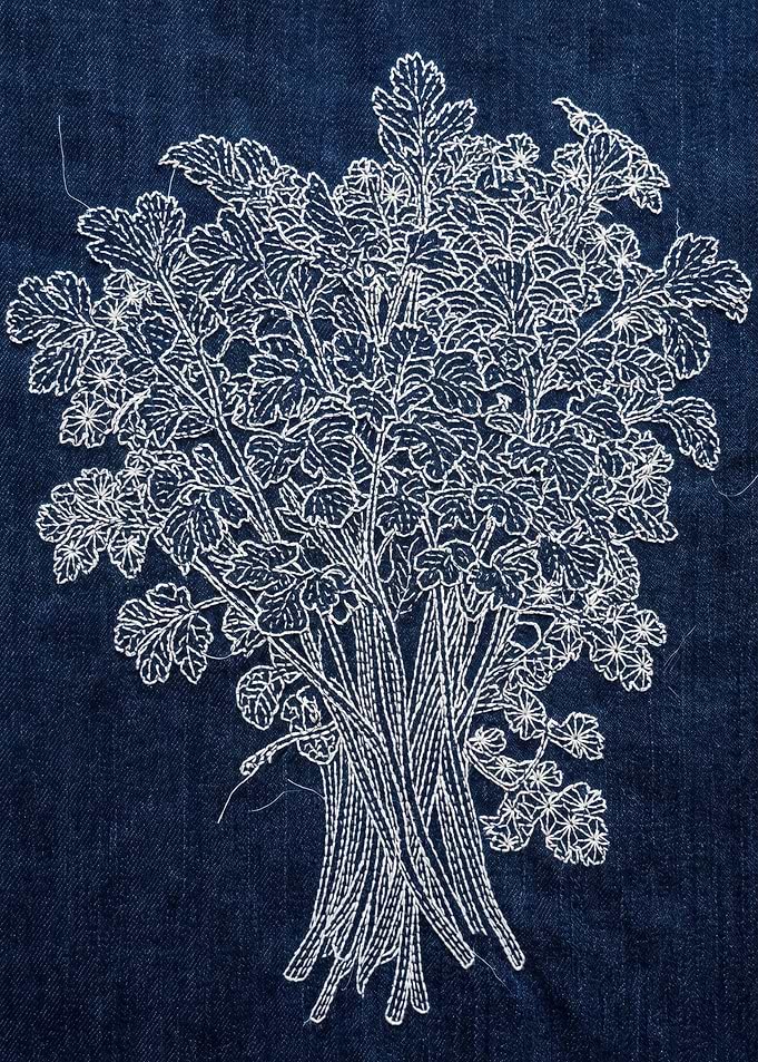 White Embroidery of a Floral Bouquet on Denim