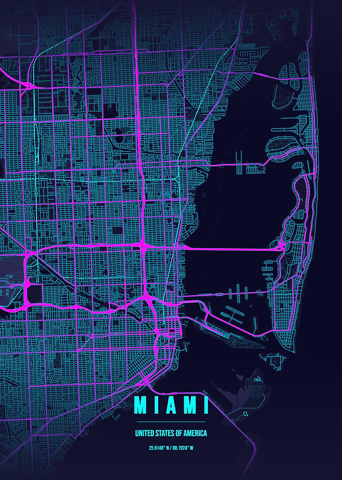 Neon Miami City Map