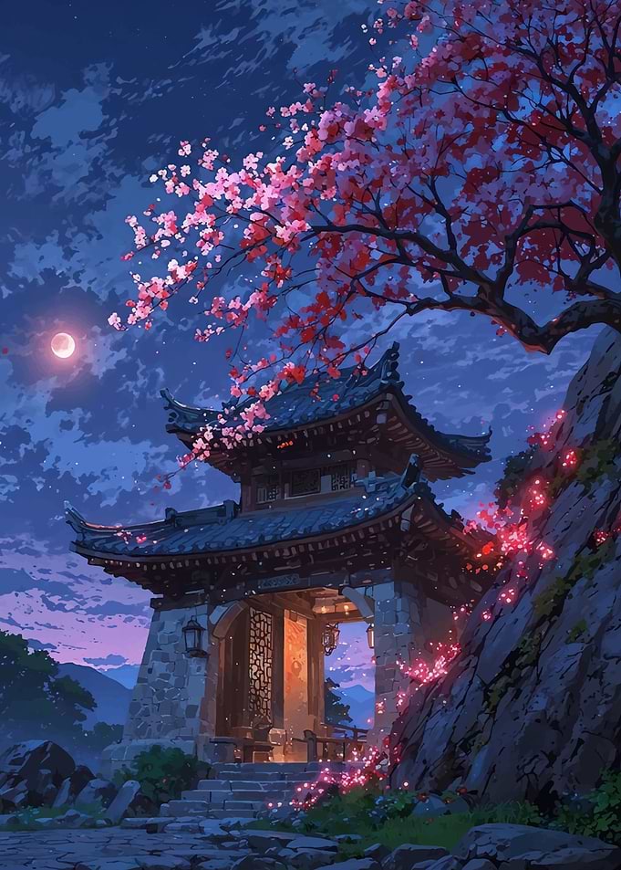 Enchanting Pagoda Under Cherry Blossoms