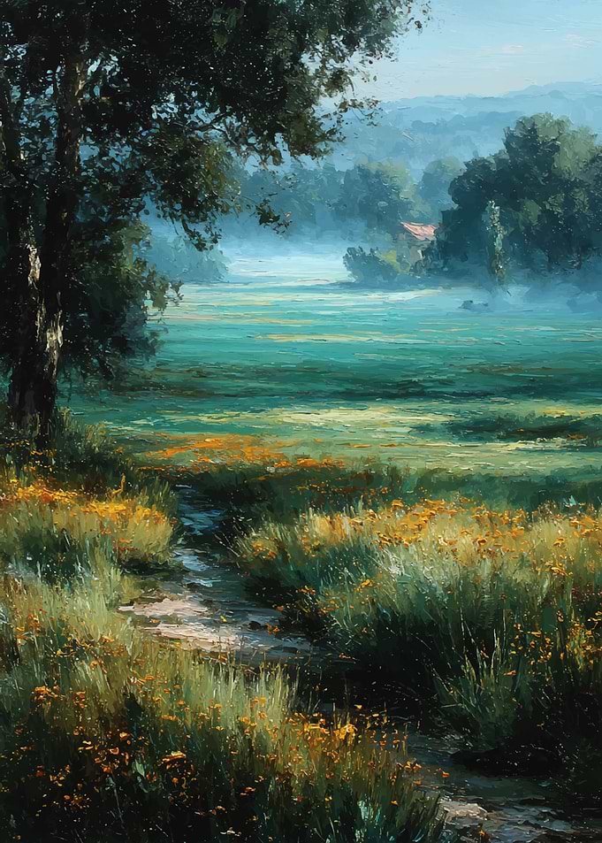 Misty Meadow with Wildflowers