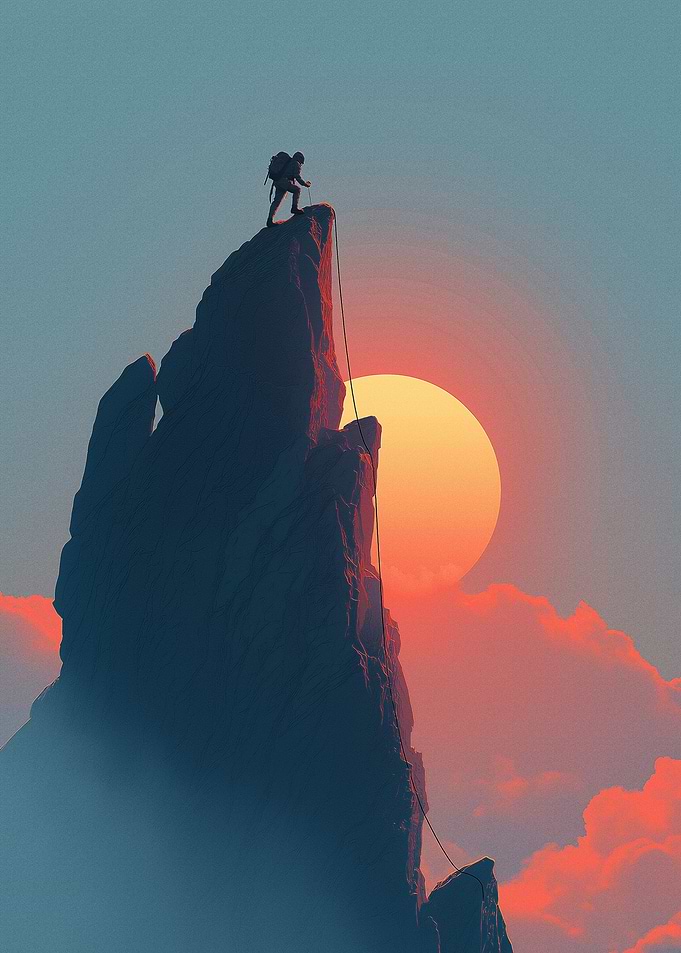 Climber on Mountain Peak at Sunset