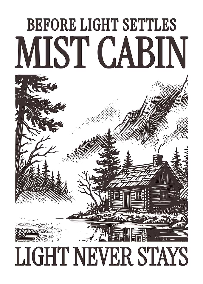 Mist Cabin Vintage Poster, Forest Cabin Engraving Print, Mountain Landscape Art