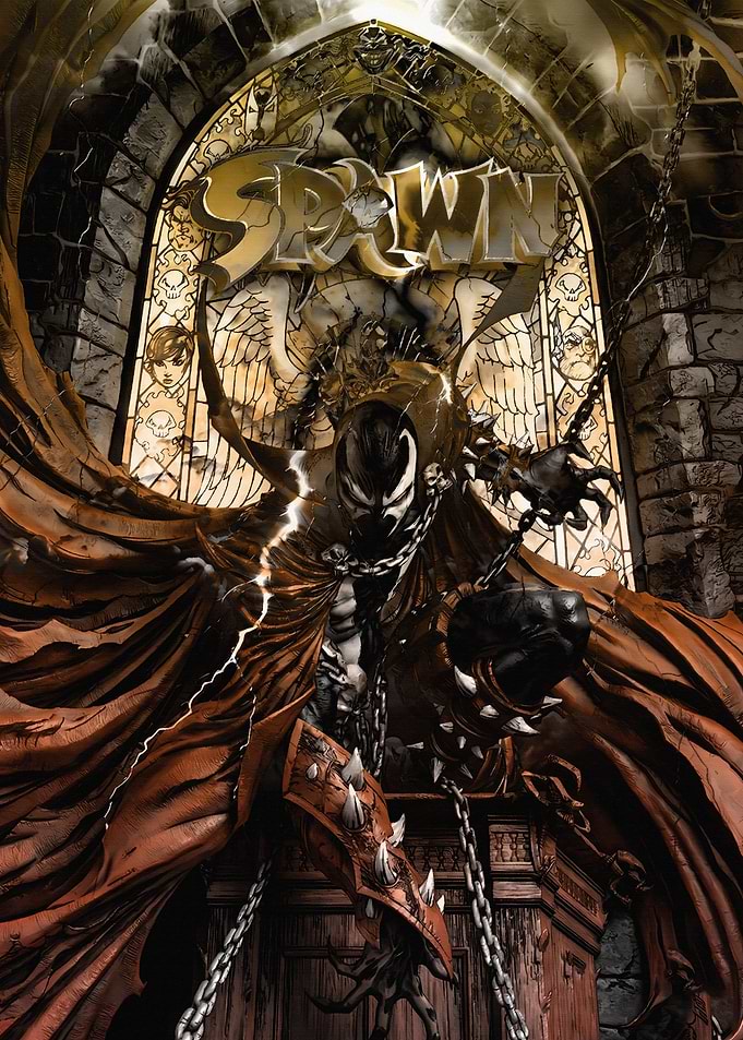 Spawn in front of stained glass