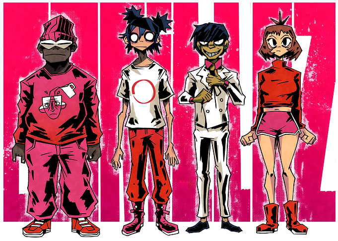 Gorillaz Band Members in Pink and Red Outfits