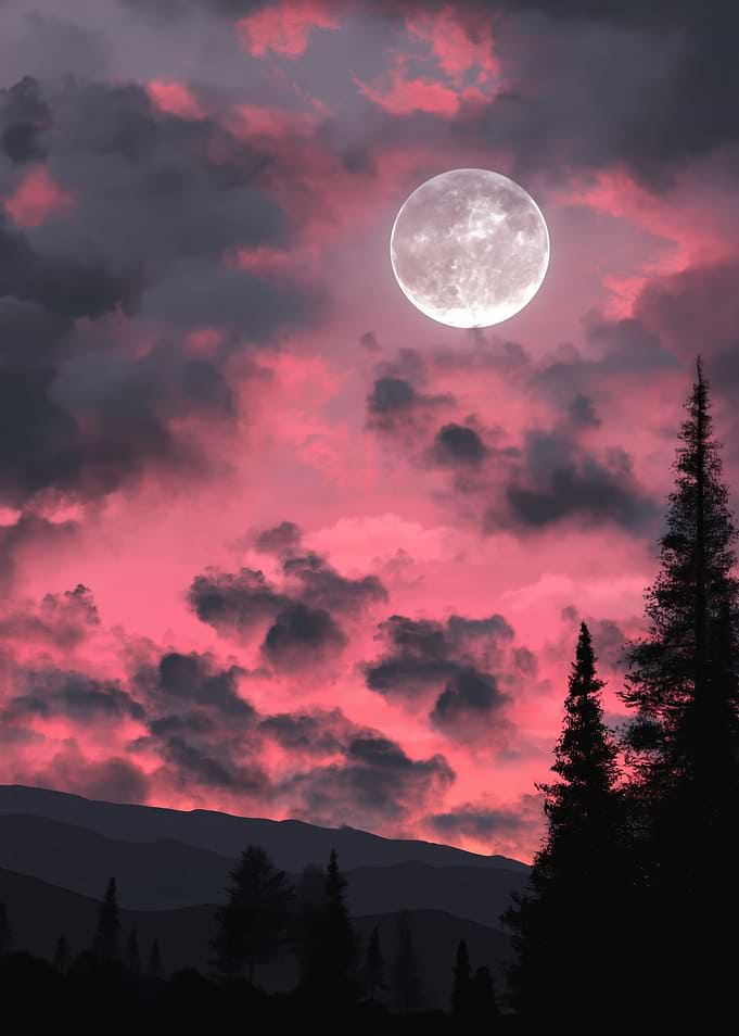 Moonlit Pink Clouds Over Mountains