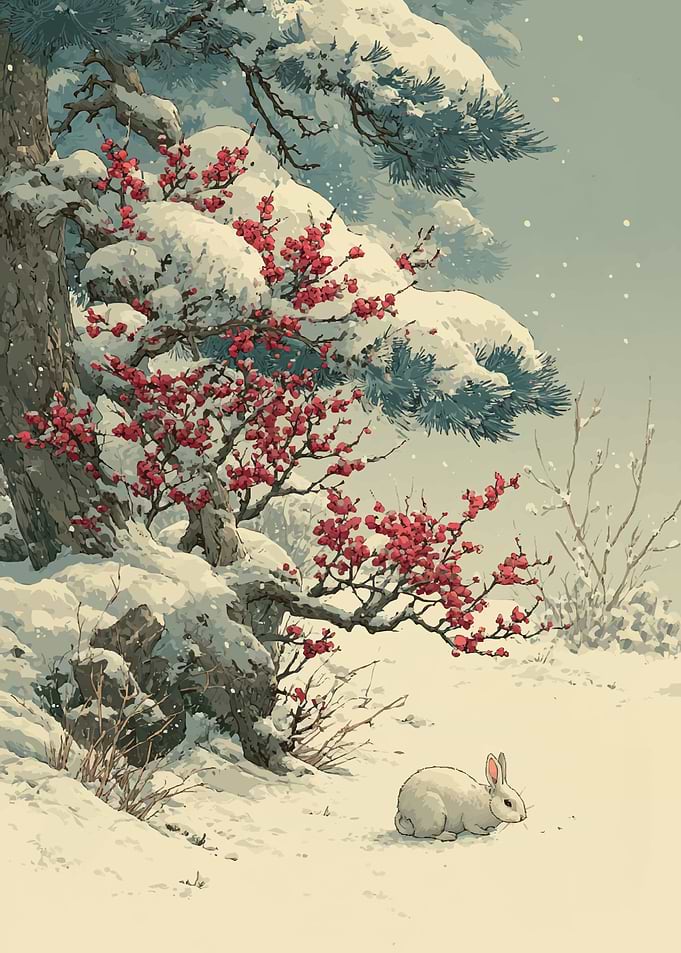Winter Scene with Rabbit and Plum Blossoms