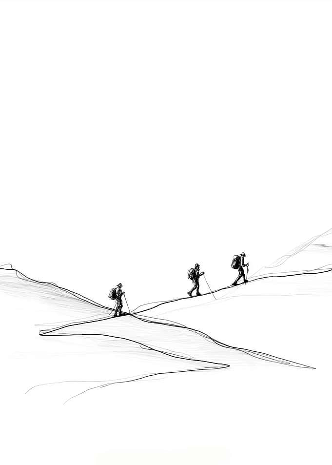 Hikers on a Snowy Mountain Path