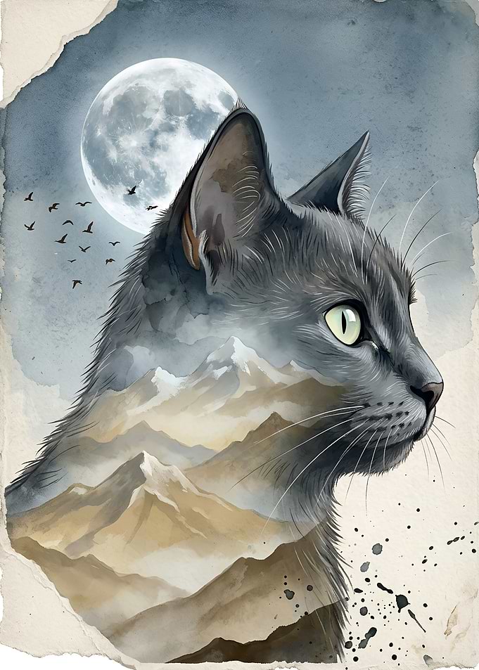 Cat with Mountain Landscape Nature