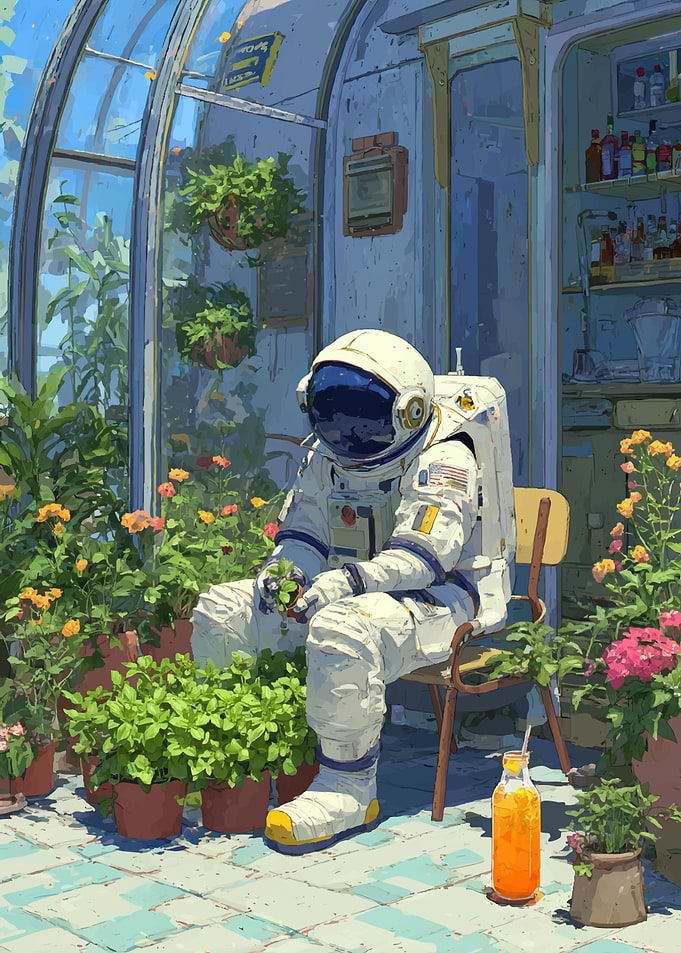 Astronaut tending to plants in a greenhouse
