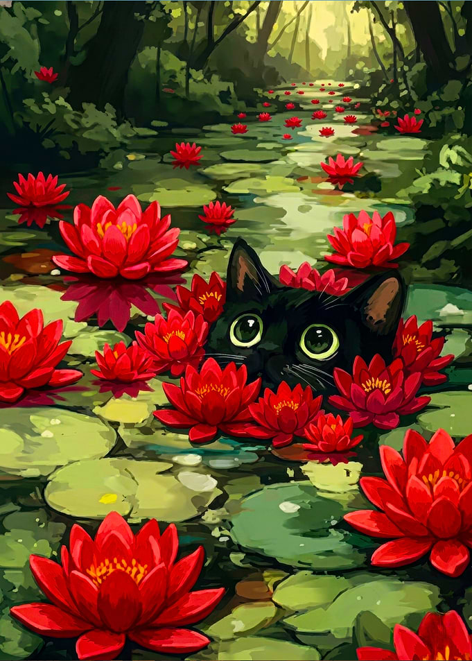 Black Cat Among Red Water Lilies