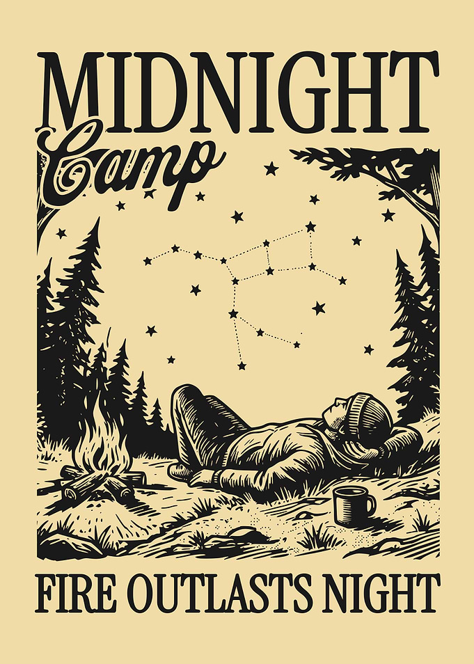 Midnight Camp Vintage Poster, Camping Night Sky Engraving Print, Forest Campfire Landscape