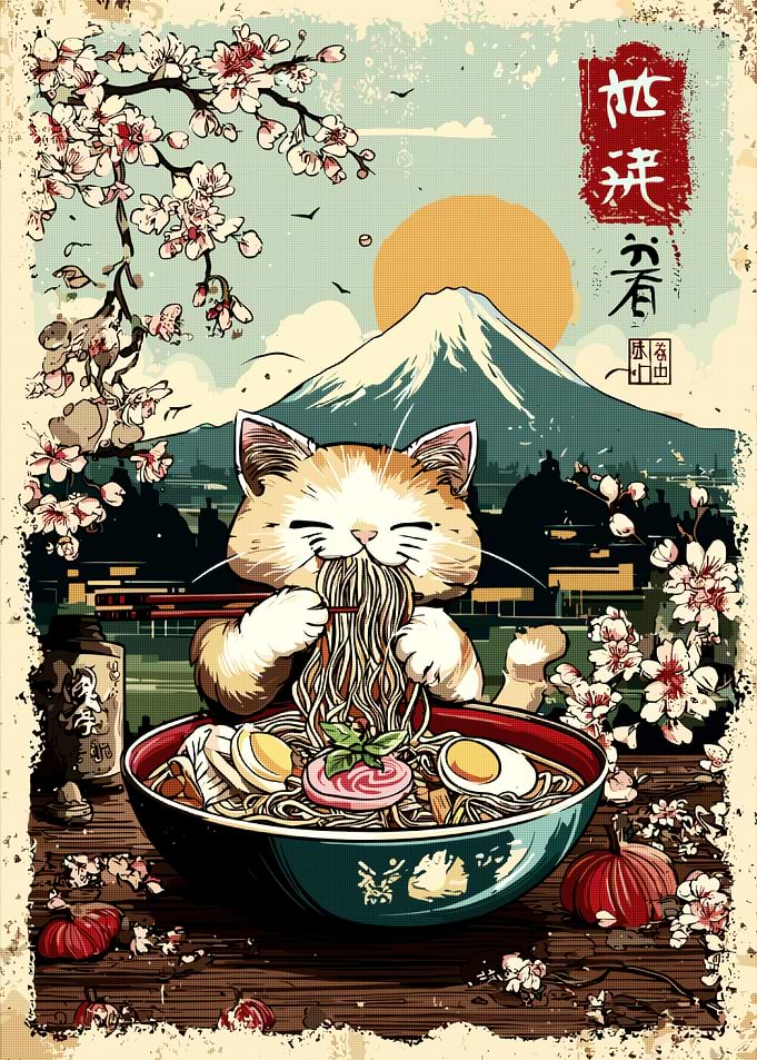 Cat Eating Ramen with Mount Fuji