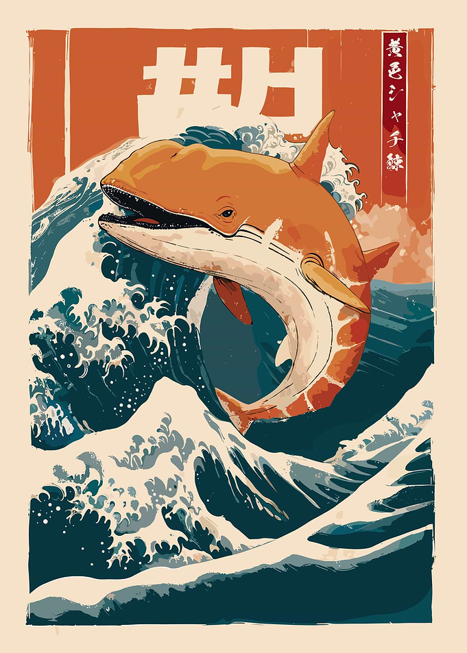 Orange Whale in Japanese Wave Art