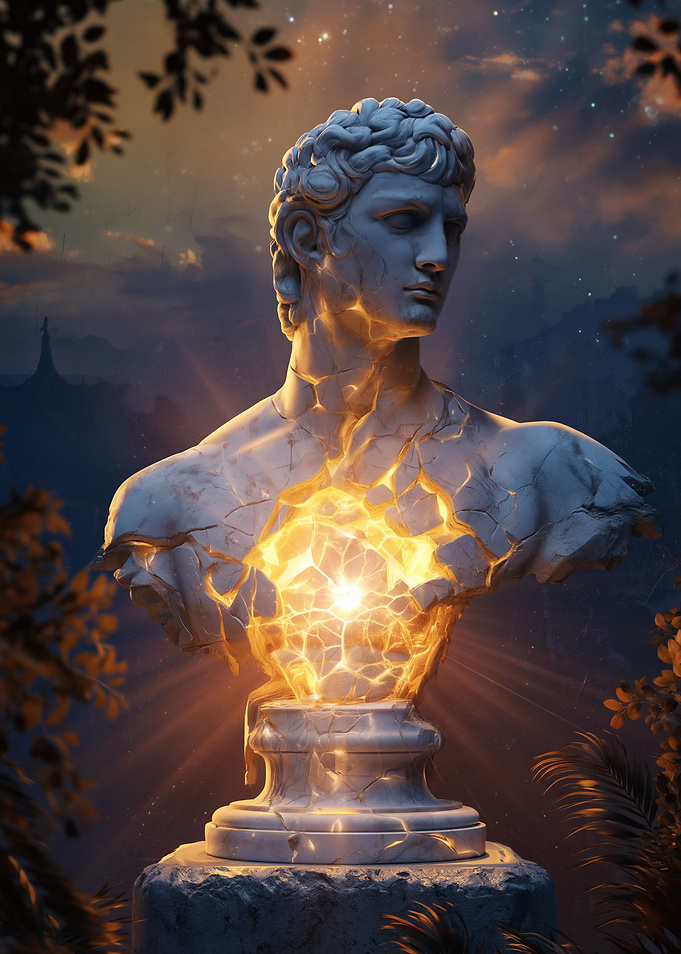 Cracked Marble Bust with Glowing Core